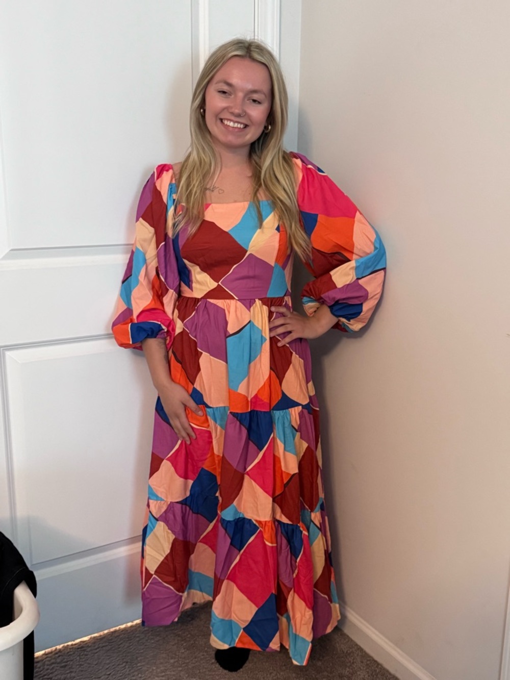 Flying Tomato Geometric Multi-Color Puff Sleeve Maxi Dress